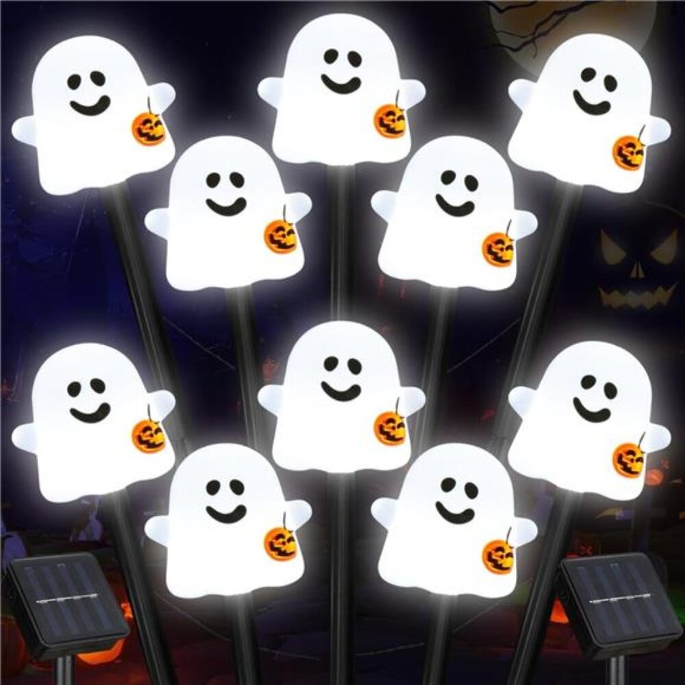 Solar Halloween Ghost Pathway Lights, 10 Pack‎ Ghost Stake Lights with Pumpkin
